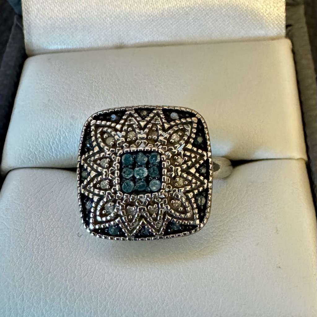 Blue Velvet Diamond(Tm) Round Blue And White Diamond Rhodium Over Sterling. Sz 6